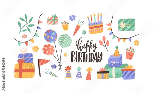 Set of hand drawn decoration with inscription Happy Birthday vector flat illu...