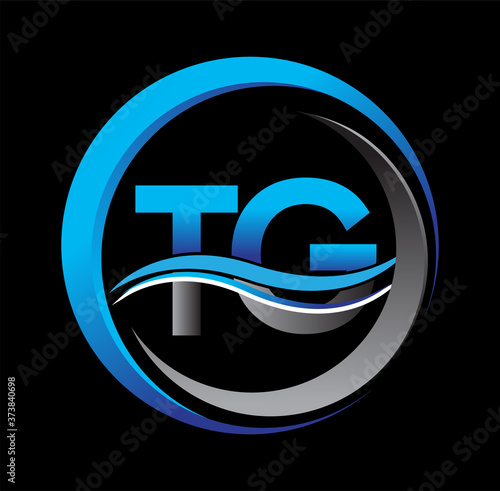 initial letter logo TG company name blue and grey color on circle and swoosh design. vector logotype for business and company identity.