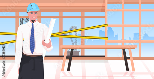 man builder with project blueprint engineer in helmet working at construction site repair service concept unfinished building interior horizontal portrait vector illustration