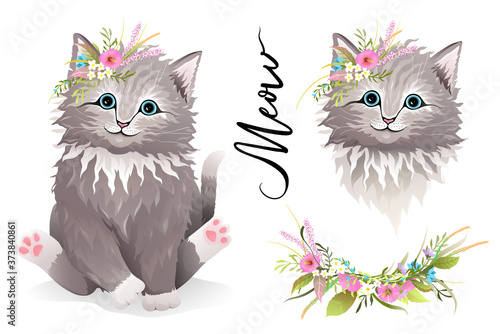 Little kitten or cat with flowers on head and just head designer clipart collection. Realistic hand drawn vector cute animal for kids and adults t shirt print and other design. Watercolor style.