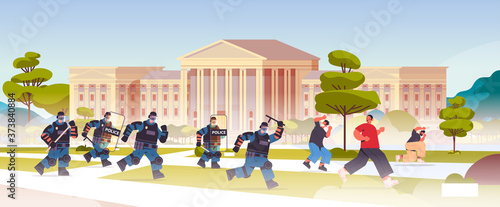 policemen in full tactical gear riot police officers attacking street protesters during clashes demonstration protest concept full length horizontal vector illustration