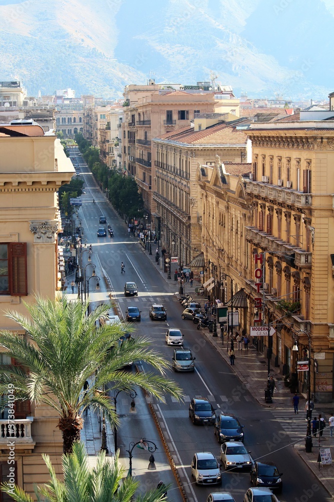 Palermo, Italy - evocative image of the Via Roma seen from the Piazza di San Domenico