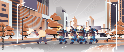 policemen in full tactical gear riot police officers attacking african american protester with smoke bomb during clashes demonstration protest concept cityscape full length horizontal vector