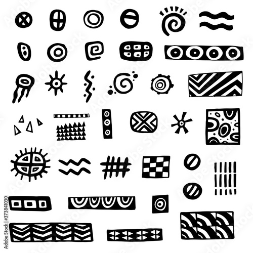 Hand drawn ethnic elements sketch illustration. Black tribal geometric ornament patterns