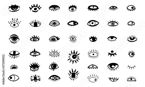 Hand drawn sketch illustration of evil eyes. Black mystic occult emblem doodle drawing set. Naive art