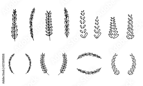Hand drawn line wheat wreaths, grain spikes and rye ears illustration. 