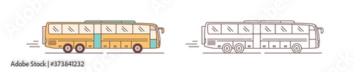 Fotografering Set of color and monochrome modern passenger bus driving on road vector illustration in line art style