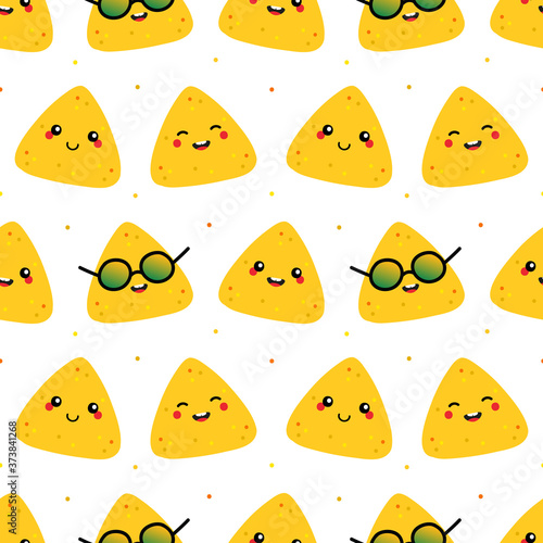 Cute smiling nachos, tortilla chips characters vector seamless pattern background for snacks, mexican food design.