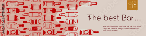 The Best Bar vector banner. Bottles pattern for alcohol bar. Vivid banner Wine tourism — Winery Tour concept. Template of wines store. Sign pub, bar room poster, drinking house flyer, cocktail lounge. photo