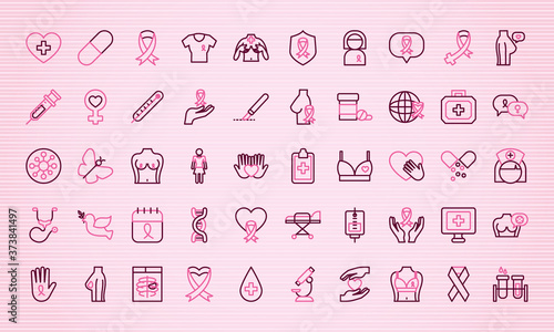 icon set of breast cancer, half line half color style