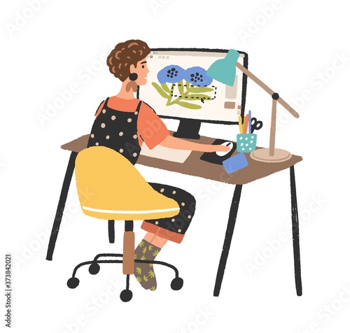 Woman freelance graphic designer working use computer vector flat illustration. Creative young female depict image in digital program isolated on white. Cute girl design creator at workplace