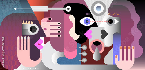 A man and a woman looking each other in the eyes and one person is watching them. Modern art vector illustration. 