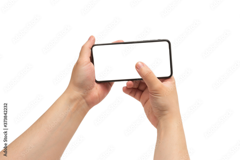 Smart phone in man hand isolated on white background. White screen. Smart phone in man hand isolated on white background. White screen.