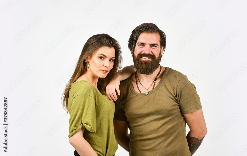 Fototapeta premium Valentines day. Relationship and dating. Modern couple. How male cosmetics are different from female. Man with girlfriend. Couple in love. Sexy couple. Bearded man and woman. Fashion and beauty