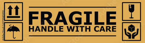 Fragile or Package Label stickers set. (Fragile, Handle with Care, This Way Up, Keep Dry). black in color with brown background. Square format. EPS 10 vectors.
