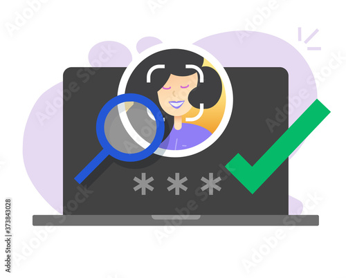 Face identification id, facial recognition security access on laptop computer pc vector, password code login protection vector flat, personal identity detection verification scan, biometric security