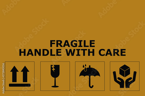 Fragile or Package Label stickers set. (Fragile, Handle with Care, This Way Up, Keep Dry). black in color with brown background. Square format. EPS 10 vectors.
