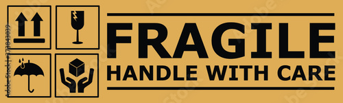 Fragile or Package Label stickers set. (Fragile, Handle with Care, This Way Up, Keep Dry). black in color with brown background. Square format. EPS 10 vectors.
