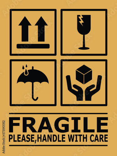 Fragile or Package Label stickers set. (Fragile, Handle with Care, This Way Up, Keep Dry). black in color with brown background. Square format. EPS 10 vectors.
