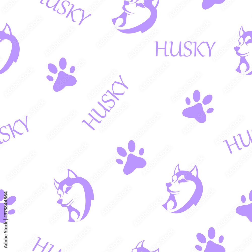 Pattern - husky silhouette. Very beautiful dog with text and paw prints. Lilac color