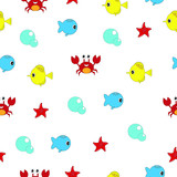 Pattern - Ioranians (fish, crab, bubble, stallion, starfish) on a white background. For textiles, gift paper.