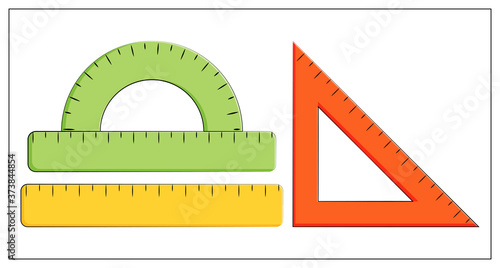 Vector flat illustration of ruler, straightedge, triangle ruler, protractor. School supplies. Measurement tool
