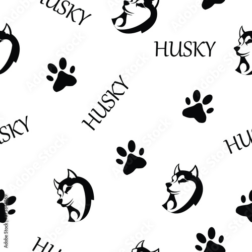Pattern - husky silhouette. Very beautiful dog with text and paw prints. Black color