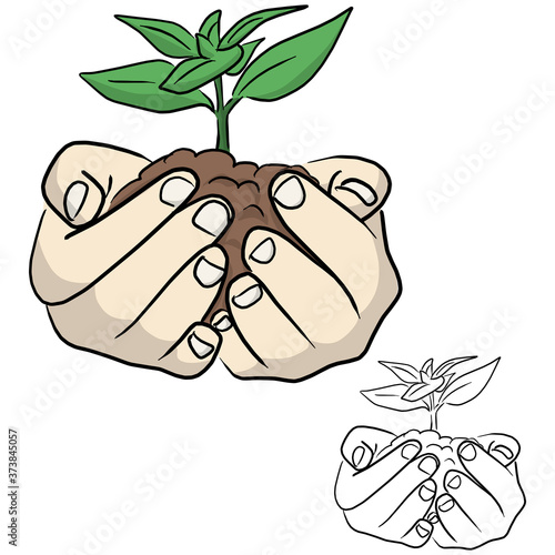 close-up front view of human holding green plant in hands vector illustration sketch doodle hand drawn with black lines isolated on white background. Ecology concept.