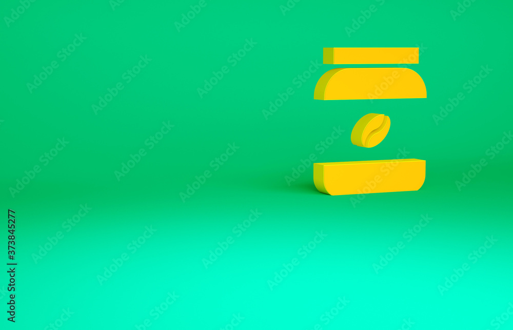 Orange Coffee jar bottle icon isolated on green background. Minimalism concept. 3d illustration 3D render. Orange Coffee jar bottle icon isolated on green background. Minimalism concept. 3d illustration 3D render.