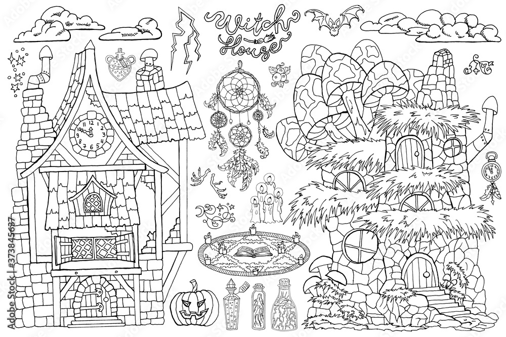 Fototapeta premium Halloween set with scary houses, pumpkin, magic spell book, broom and witch objects.