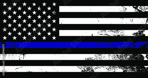 American flag with police support symbol, Thin blue line. American police in society as the force which holds back chaos, allowing order and civilization to thrive. Poster, card, banner, background