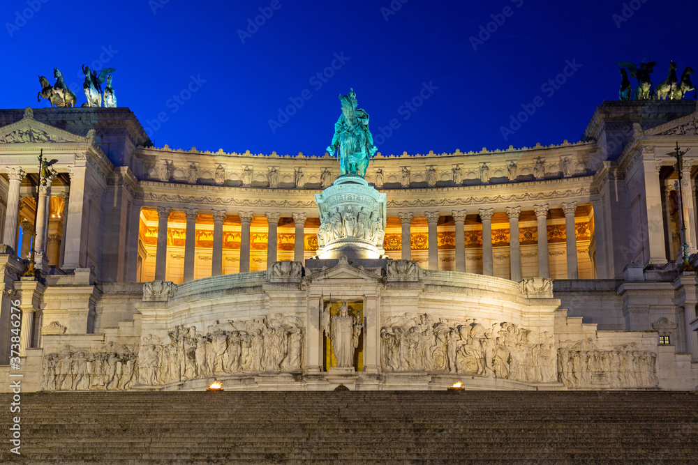 Architecture of the Vittorio Emanuele II Monument in Rome at night, Italy