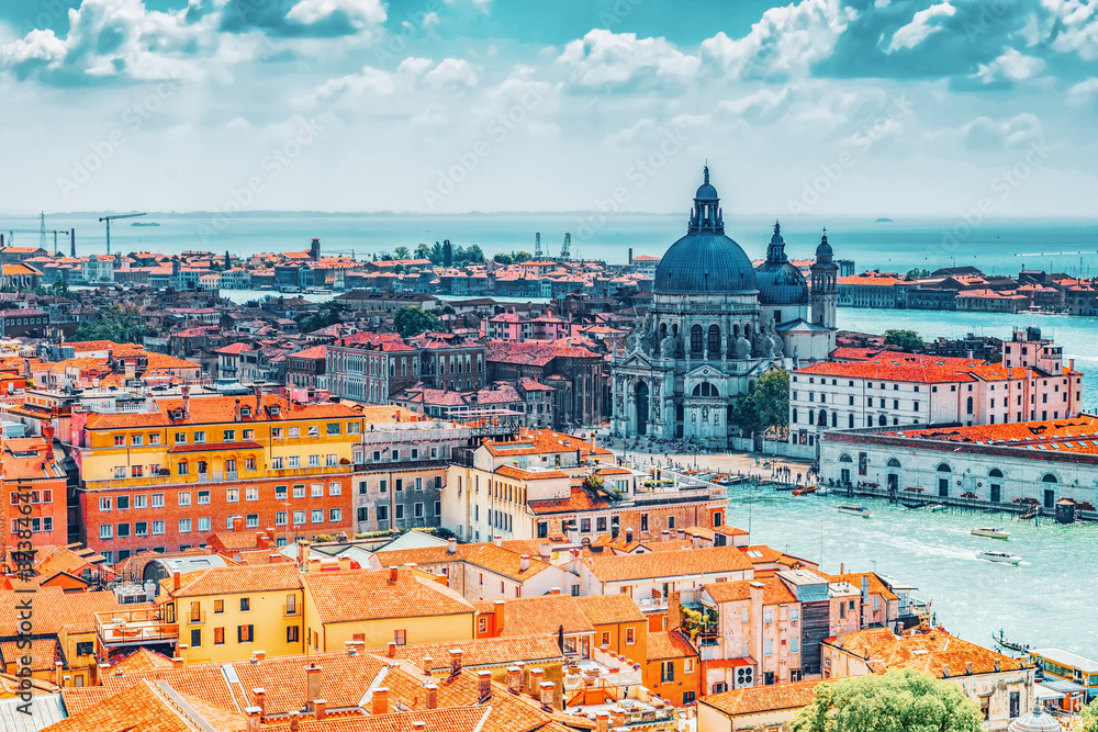 Panoramic view of Venice from the Campanile tower of St. Mark's Cathedral.Temple San Giorgio Maggiore (Chiesa di San Giorgio Maggiore), located on island of Giudecca near main island Venice. Italy.