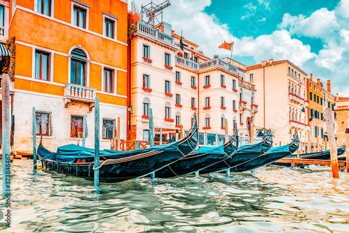 Views of the most beautiful canal of Venice - Grand Canal water streets  boats  gondolas. Italy.