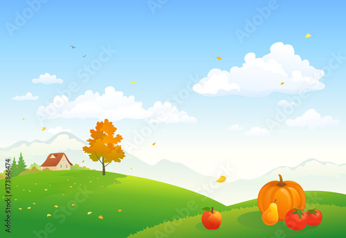Vector cartoon illustration of a rural autumn scene