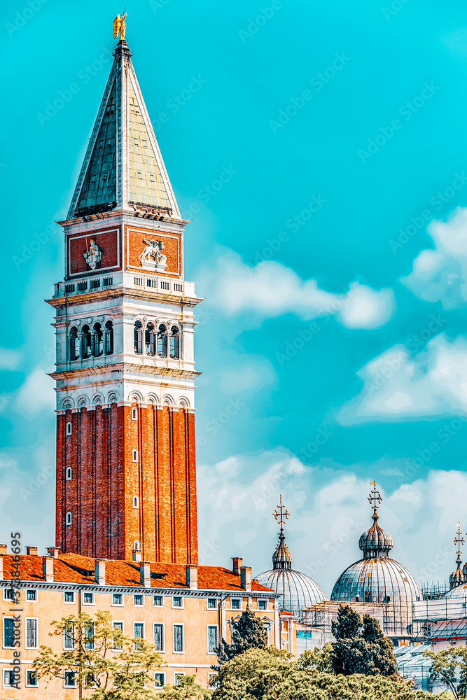 Views of the most beautiful canal of Venice - Grand Canal water streets, and Campanile of St. Mark's Cathedral (Campanile di San Marco). Italy.