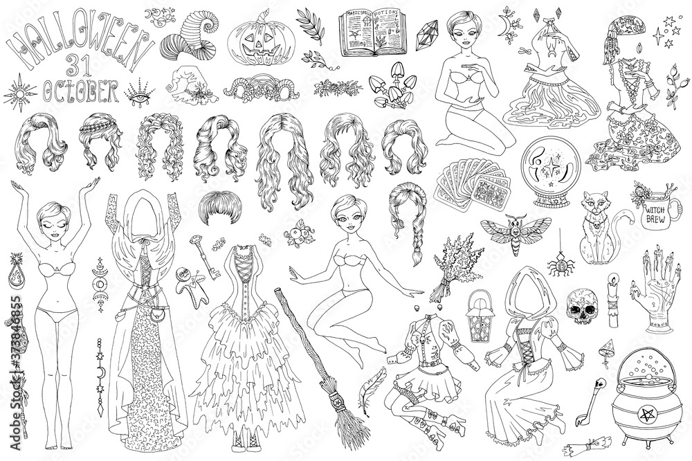 Big collection of dress up paper doll with Halloween witch costumes, pot, broom and scary objects. Big collection of dress up paper doll with Halloween witch costumes, pot, broom and scary objects.