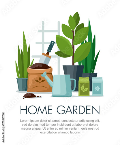 Garden tools. Garden shovel, watering can, seeds and pots with transplanting flowers on white.
