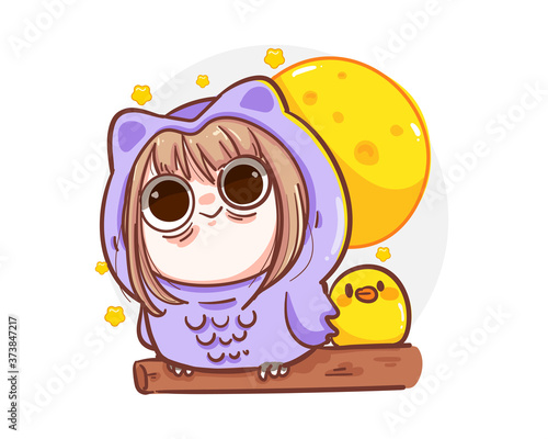 Cute girl wearing owl mascot costume and sleepless at night isolated on white background with insomnia concept.