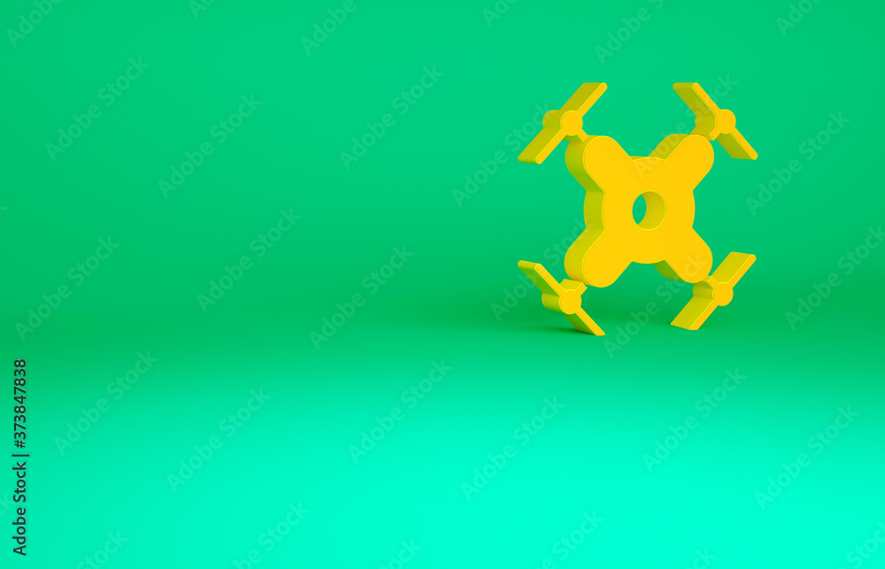 Orange Drone flying icon isolated on green background. Quadrocopter with video and photo camera symbol. Minimalism concept. 3d illustration 3D render.