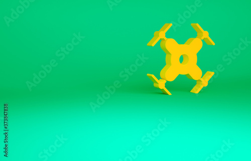 Orange Drone flying icon isolated on green background. Quadrocopter with video and photo camera symbol. Minimalism concept. 3d illustration 3D render.