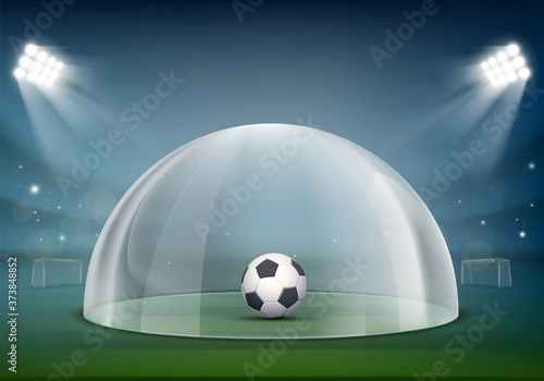 Soccer ball under the glass dome on the stadium.