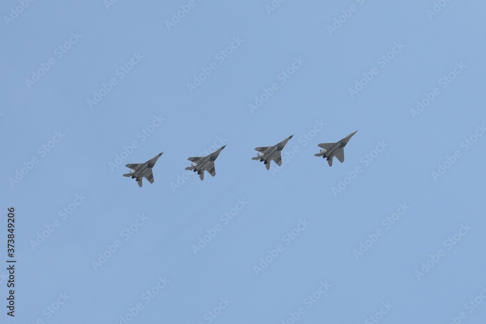 MiG-31K interceptors in the sky over Moscow during the dress rehearsal of the parade dedicated to the 75th anniversary of the Victory