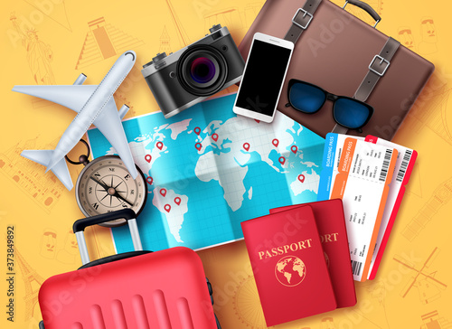 Travel and tour vector design. Travel and tourism elements with world map for location and destination, compass, passport, tickets, camera and luggage bag elements for adventure vacation. Vector illus