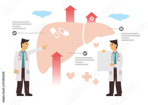 Group of doctors diagnose the liver. Hepatitis concept.