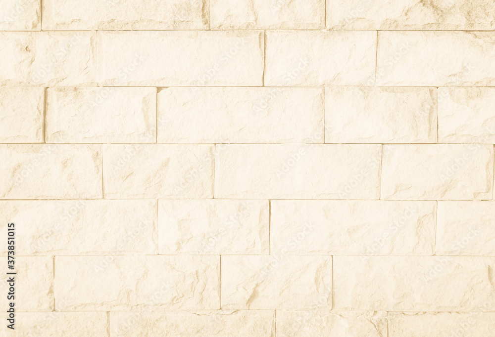 Obraz premium Empty Background of wide cream brick wall texture. Brown brick wall texture background in room at subway. Brickwork stonework interior, rock old concrete grid uneven horizontal architecture wallpaper.