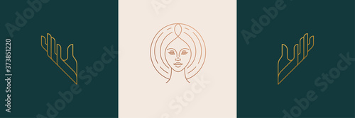 Vector line feminine decoration design elements set - female face and gesture hands illustrations minimal linear style