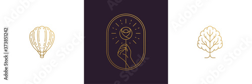 Vector line feminine decoration design elements set - flower and female gesture hand illustrations minimal linear style