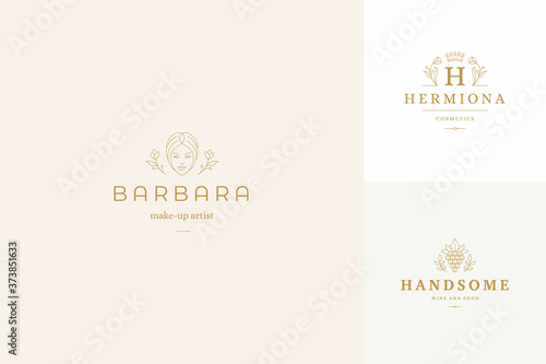 Vector line logos emblems design templates set - female face and flowers illustrations simple minimal linear style
