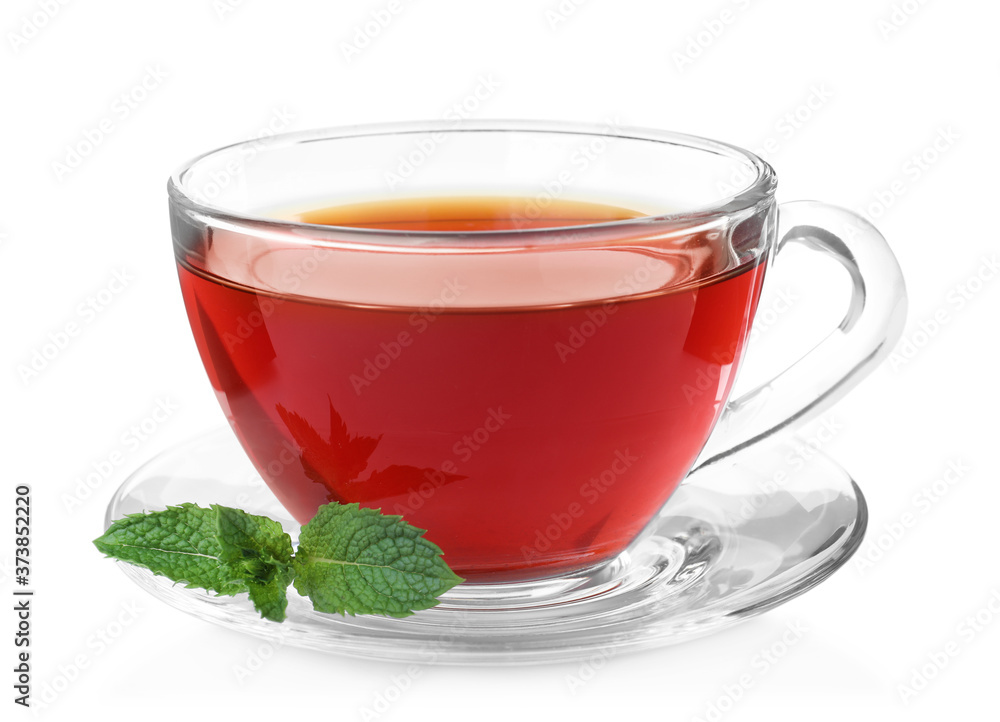 Cup with hot aromatic mint tea isolated on white Cup with hot aromatic mint tea isolated on white